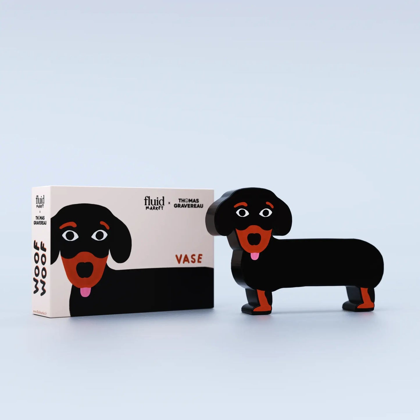 Vase Teckel Dachshund noir au museau rouge, touche d’originalité