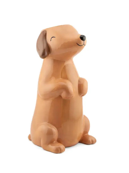 Vase Teckel : figurine chien teckel en céramique beige, pose joyeuse