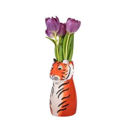 Vase Tigre : tête de tigre orange et blanc avec trois tulipes violettes pour décoration intérieure