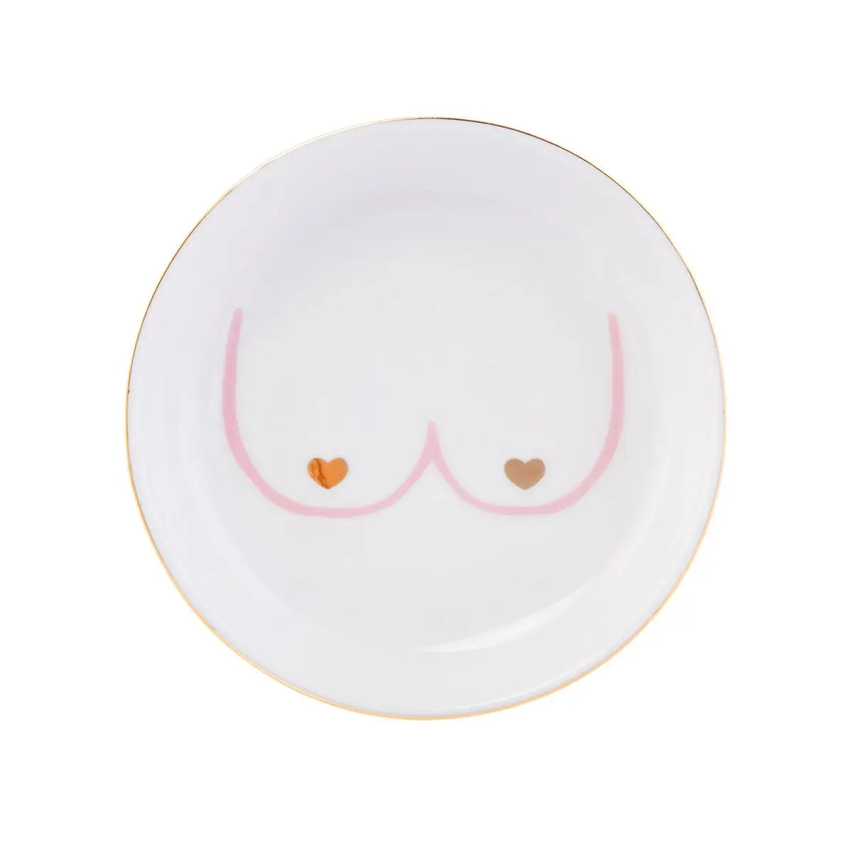 Vide poche boobs en céramique blanche, bordure or, contours roses de seins et cœurs dorés