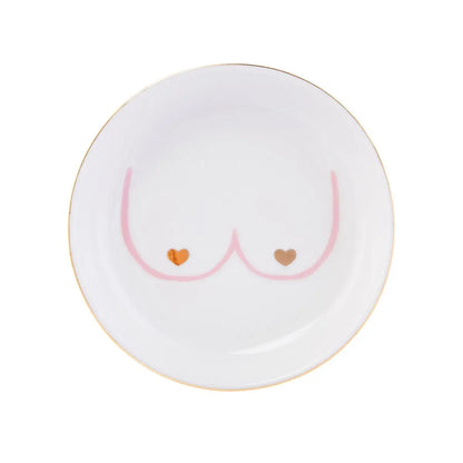 Vide poche boobs en céramique blanche, bordure or, contours roses de seins et cœurs dorés