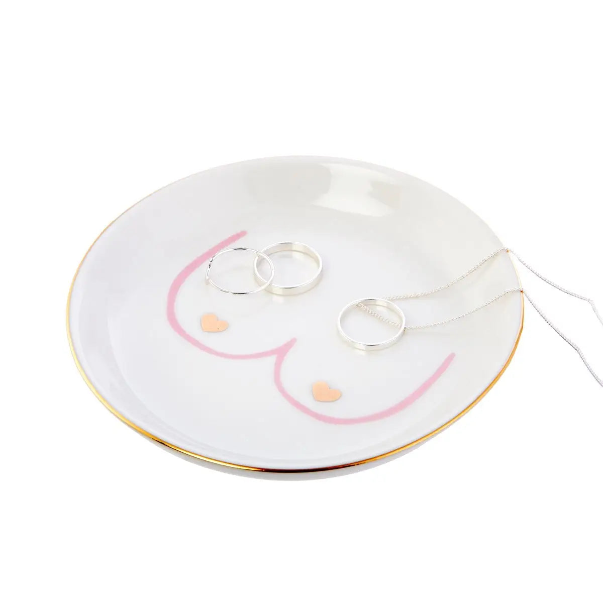 Vide poche boobs en céramique blanche à bord doré et motif sein rose, design minimaliste