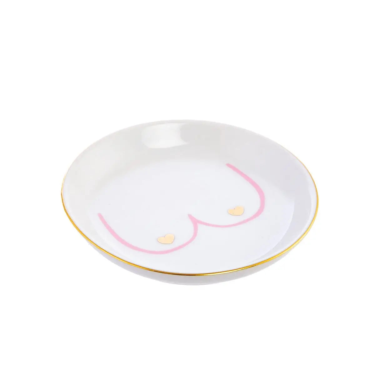 Vide poche boobs en céramique blanche, bordure or et design minimaliste mamelon rose