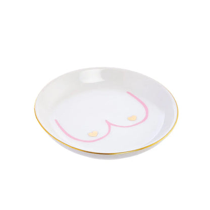 Vide poche boobs en céramique blanche, bordure or et design minimaliste mamelon rose