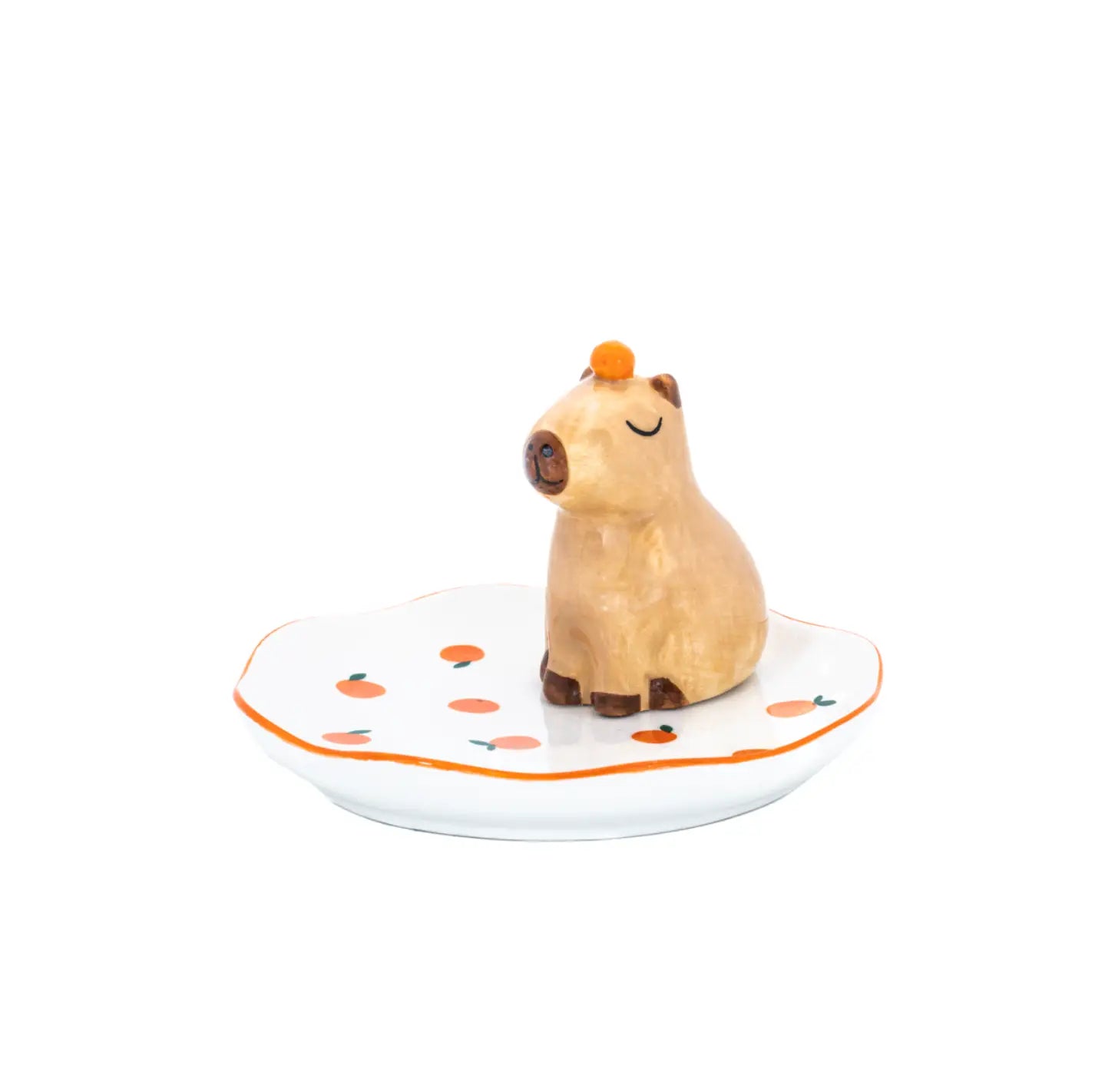 Vide poche capybara en céramique tan charmant sur plat porcelaine motifs pêche orange