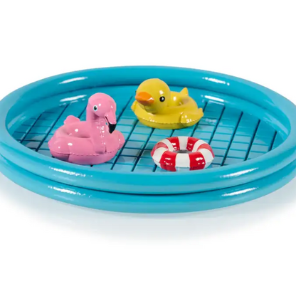 Poche floaty pool bleu avec jouets flottants, parfait comme petit récipient amusant