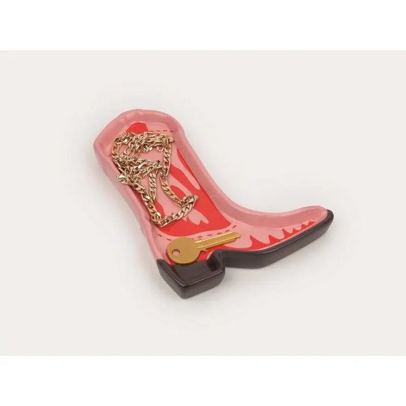 Vide poche Rodeo : plat à bibelots far west en boot rose avec chaîne dorée