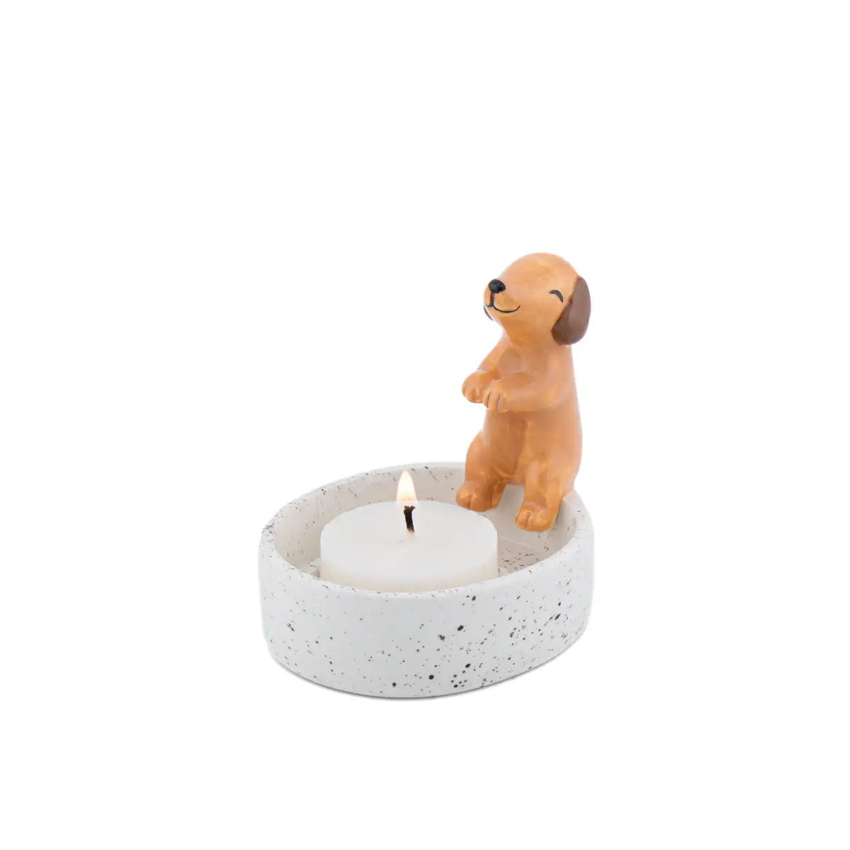 Vide-poche teckel : figurine chien tan sur bougeoir céramique avec bougie allumée