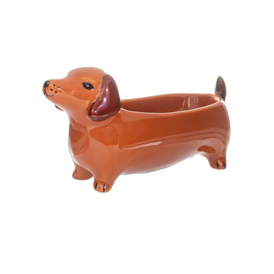 Planter en céramique marron design inspiré vide poche teckel sausage avec finition brillante