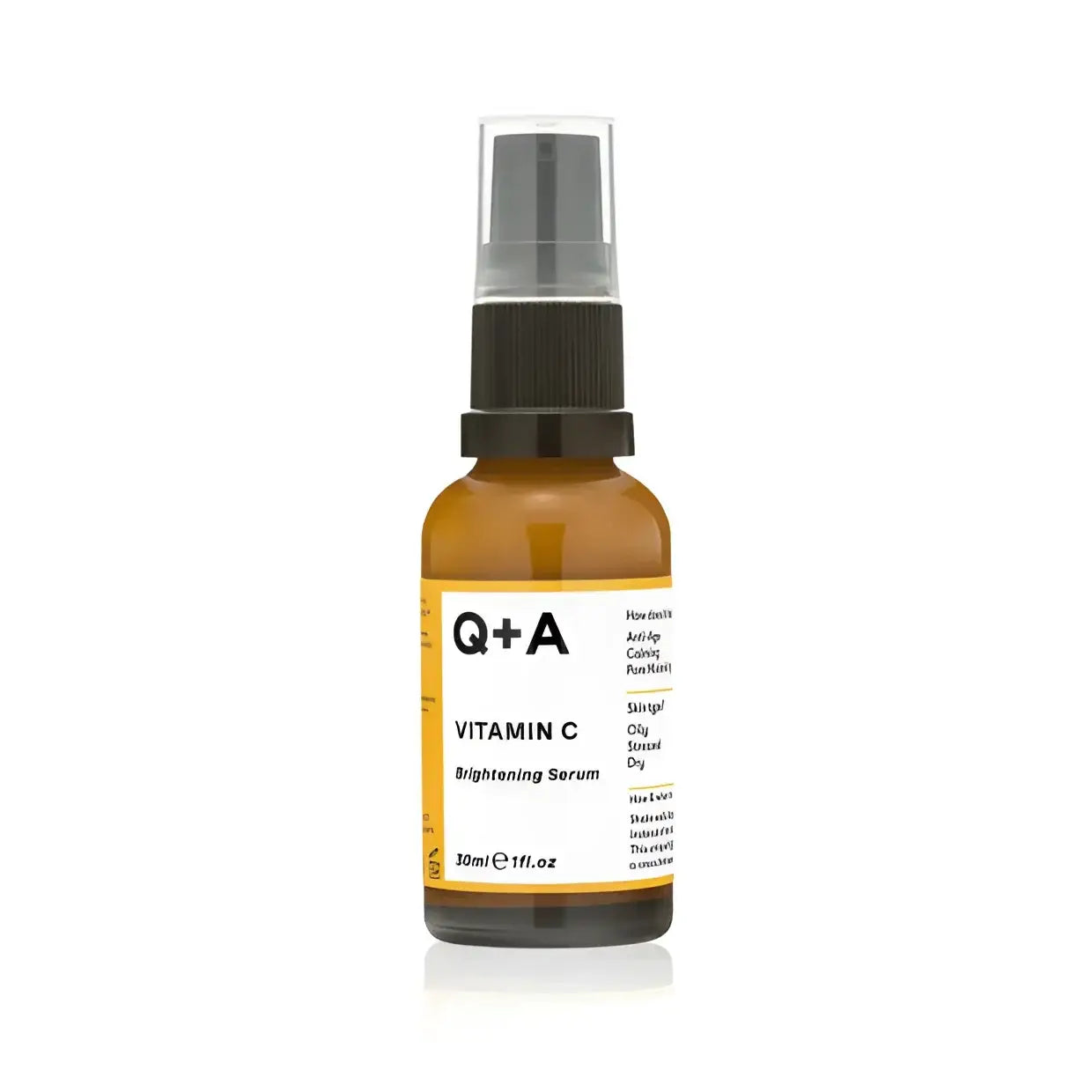 Sérum Q+A Vitamine C Brightening en verre ambré, soin visage texturé